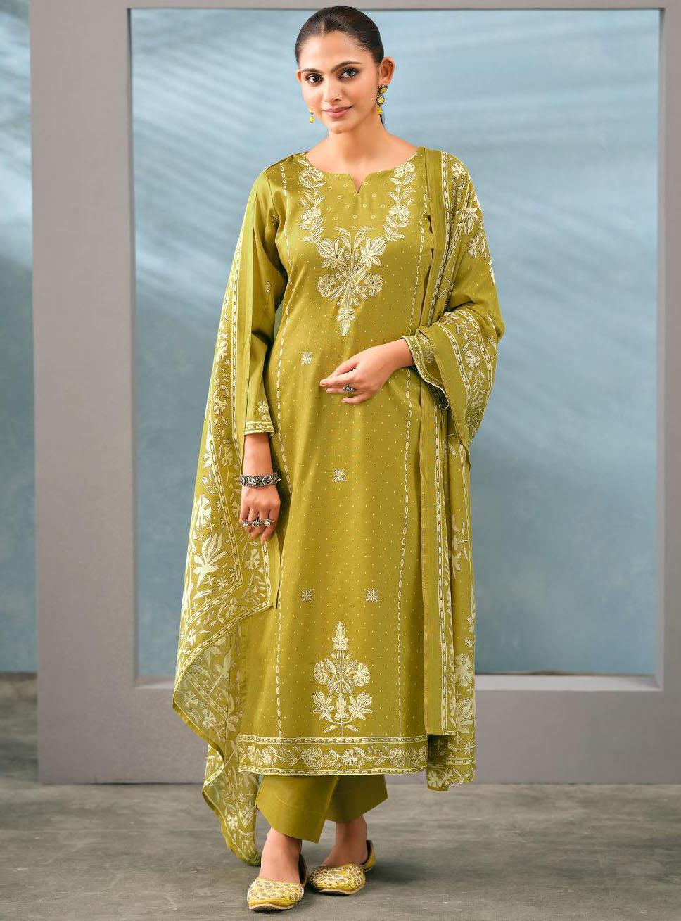 Party Wear Unstitched Cotton Satin Suit Material with Muslin Dupatta