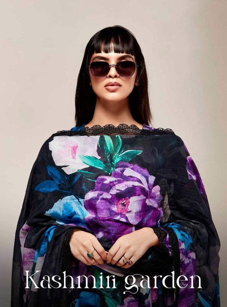 Kimora Pure Linen Black Unstitched Suit Dress Material with Embroidery