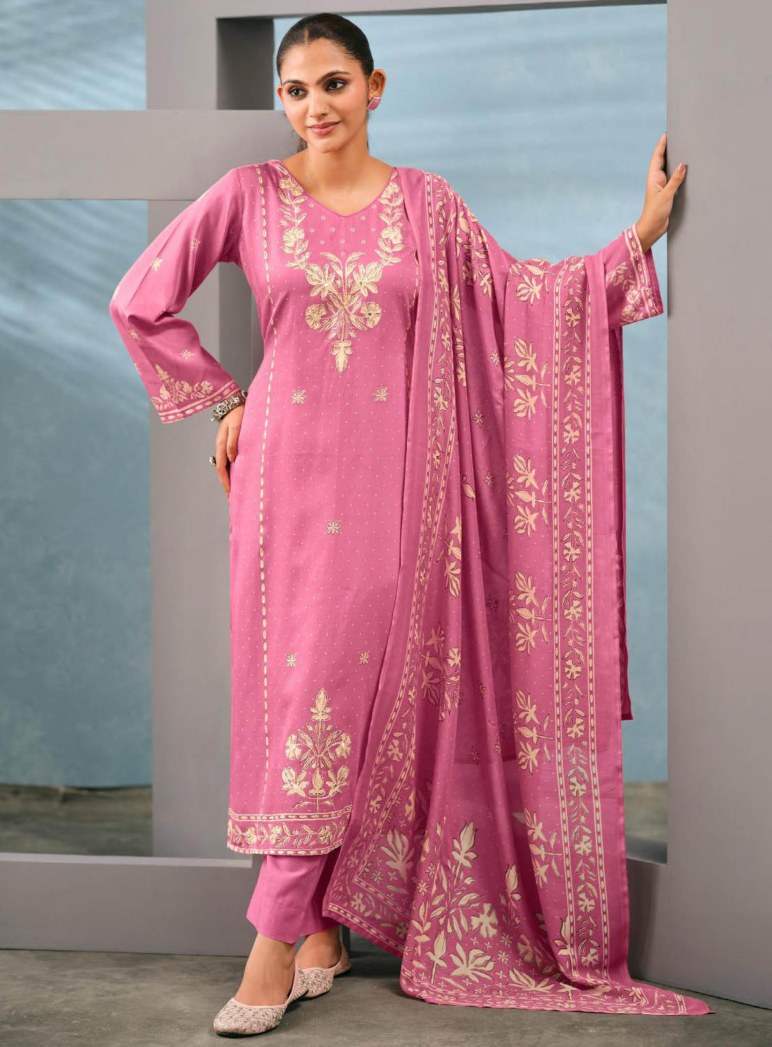 Party Wear Pink Unstitched Cotton Satin Suit Material with Muslin Dupatta