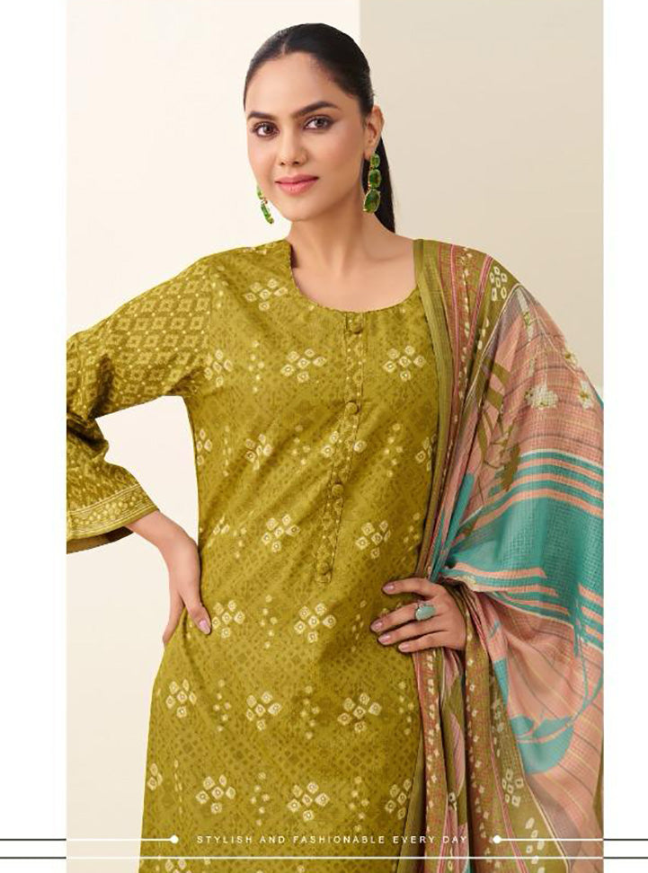 Pure Cambric Cotton Green Unstitched Suit Material with Embroidery