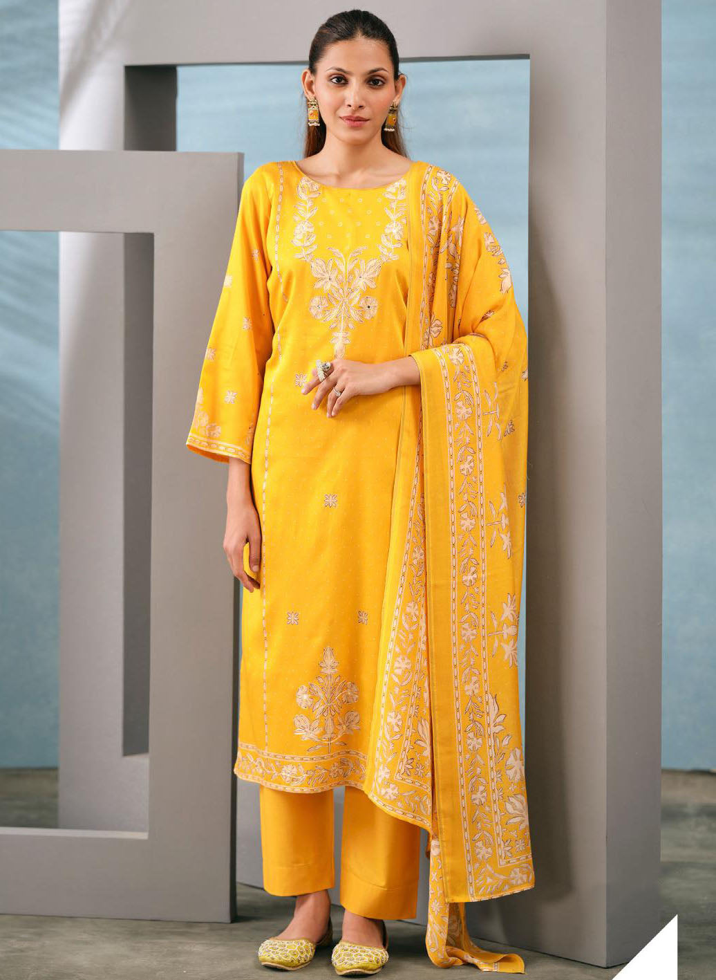 Party Wear Unstitched Cotton Satin Suit Dress Material with Muslin Dupatta