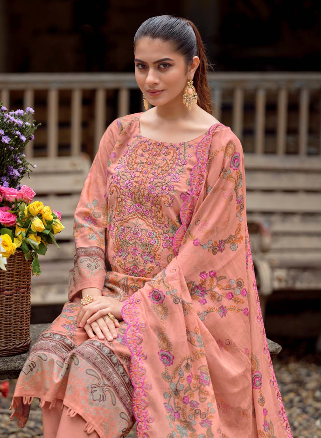 Embroidered Unstitched Pakistani Pure Cotton Suit Dress Material Orange