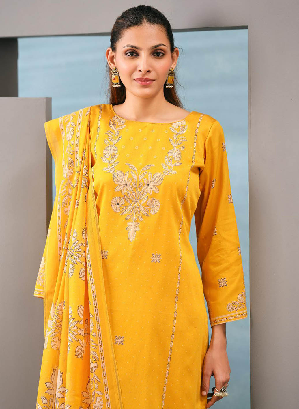 Party Wear Unstitched Cotton Satin Suit Dress Material with Muslin Dupatta