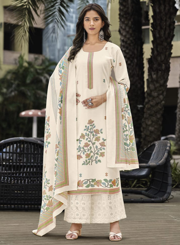 Daily Wear Off-White Unstitched Cotton Salwar Suit Material for Women