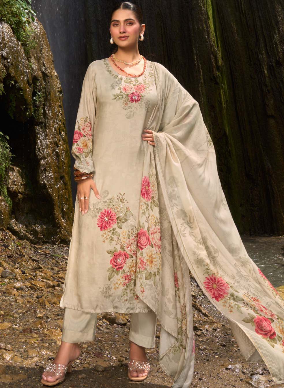 Party Wear Muslin Unstitched Suit Dress Material with Handwork