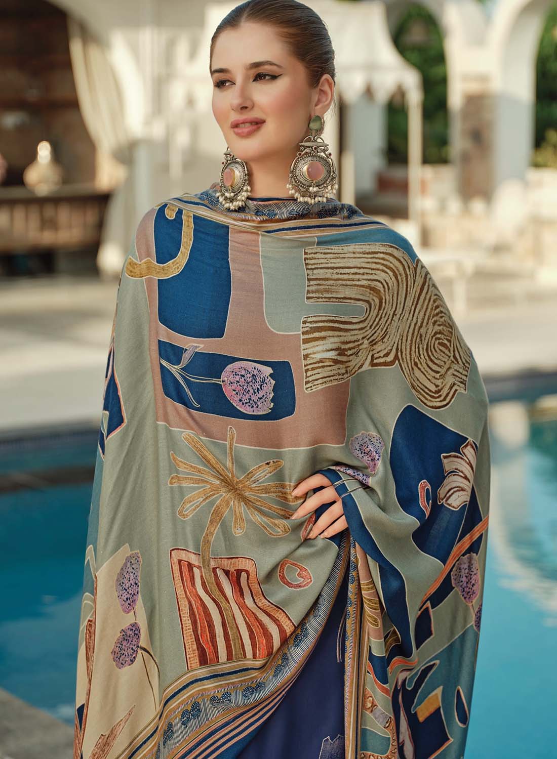 Pure Pashmina Foil Print Unstitched Winter Suit Material with Embroidery