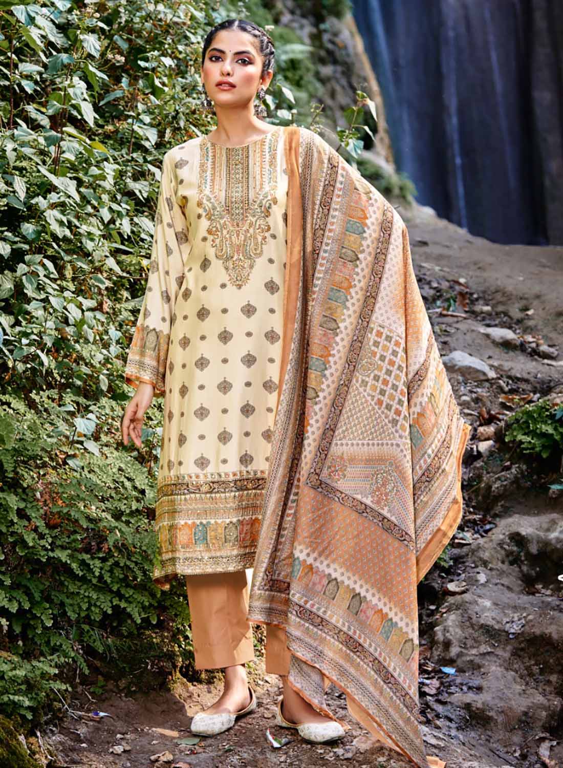 Beige Unstitched Pashmina Winter Suit Dress Material for Women Stilento Beige Unstitched Pashmina Winter Suit Dress Material for Women Stilento