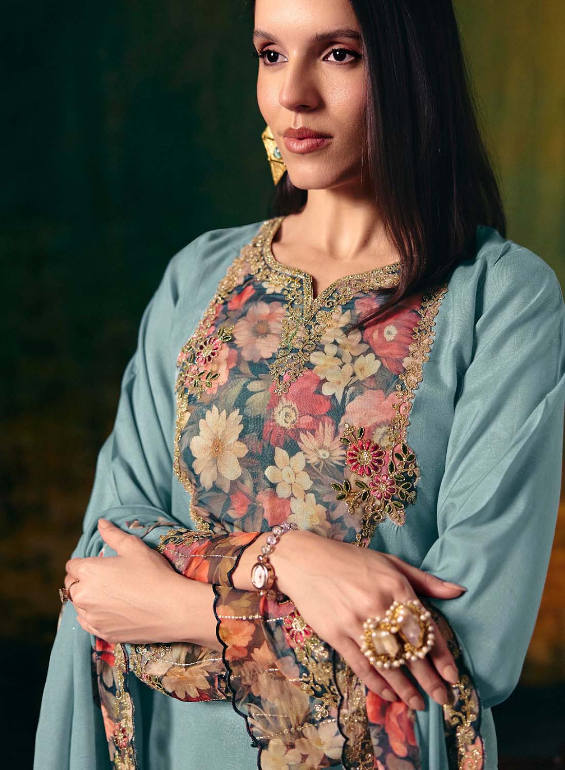Party Wear Blue Muslin Unstitched Salwar Suit Dress Material for Women