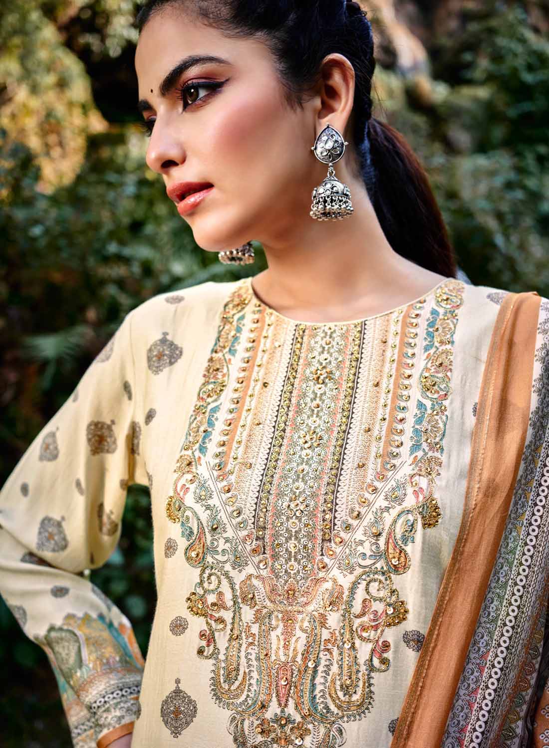 Beige Unstitched Pashmina Winter Suit Dress Material for Women