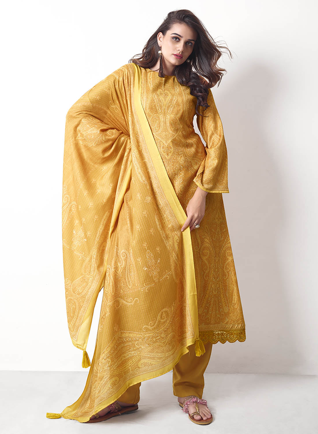 Yellow Unstitched Pashmina Winter Salwar Suits Fabric for Ladies