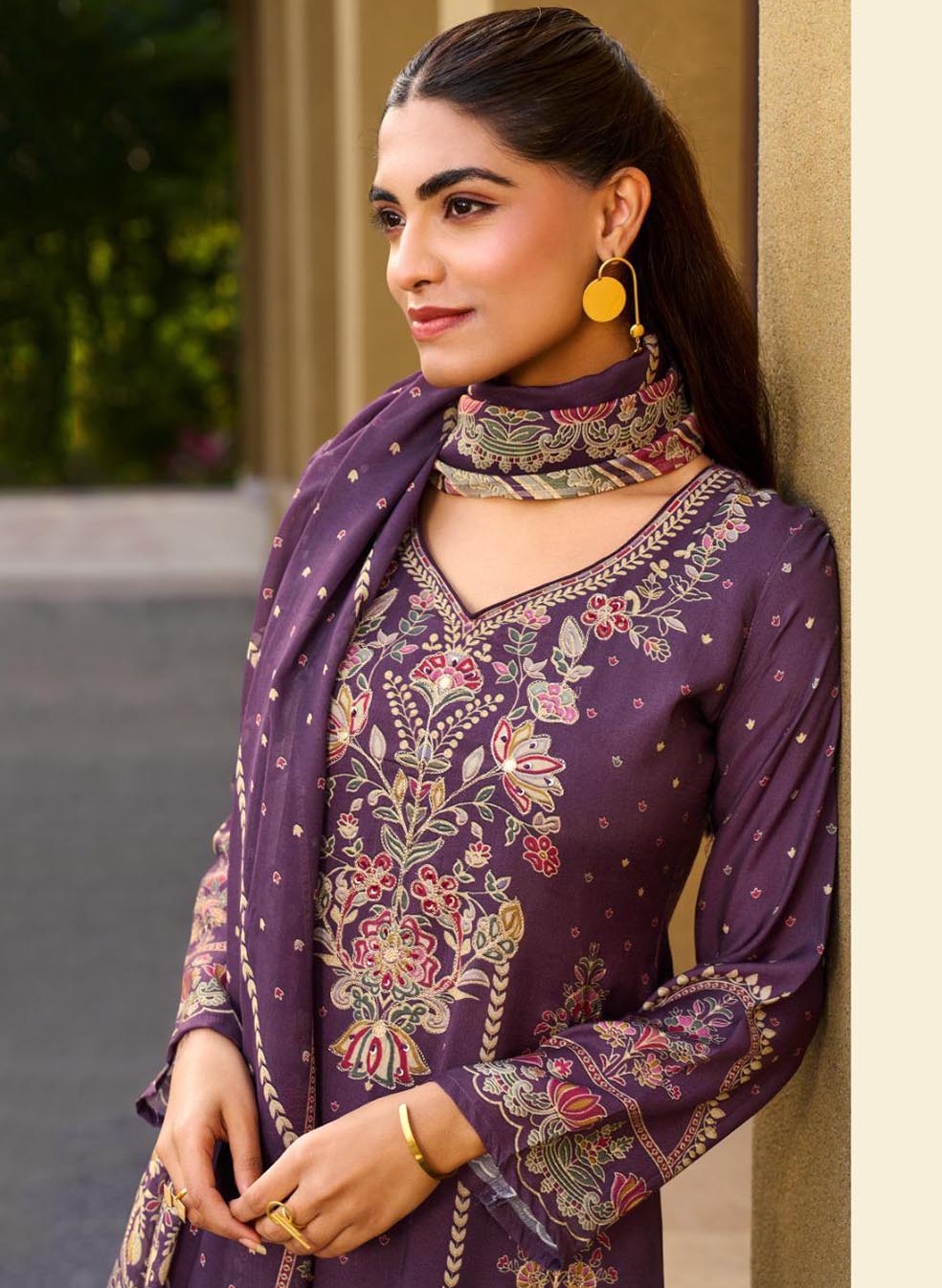 Party Wear Muslin Purple Unstitched Suit Dress Material for Women