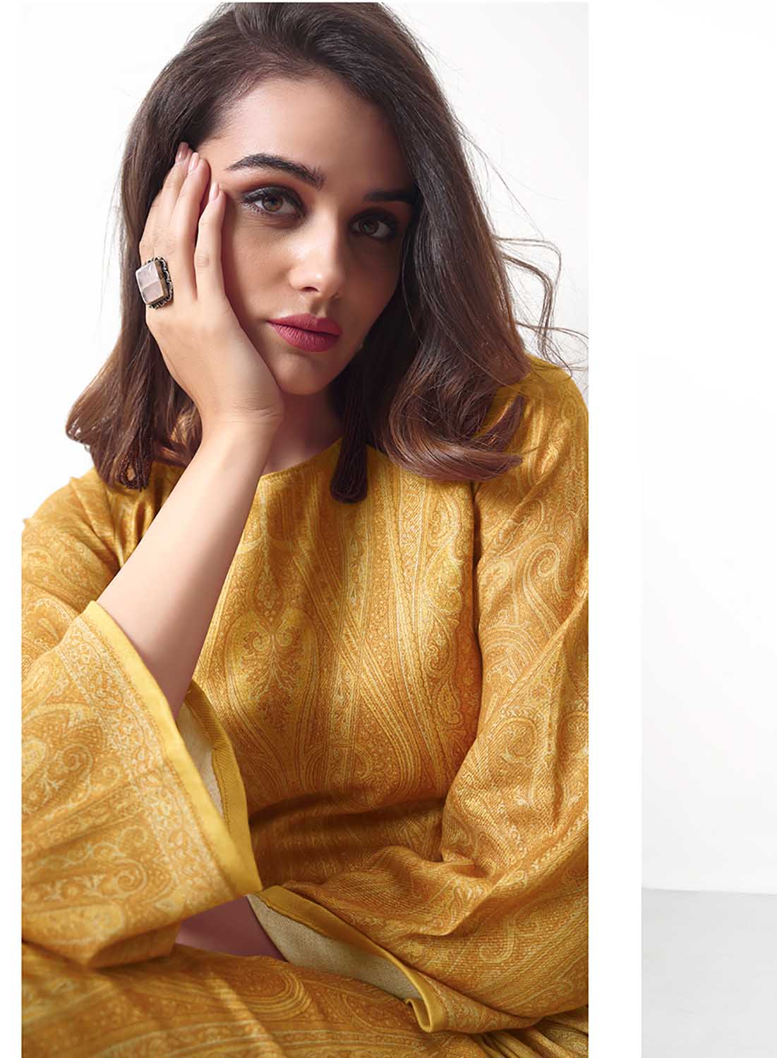 Yellow Unstitched Pashmina Winter Salwar Suits Fabric for Ladies