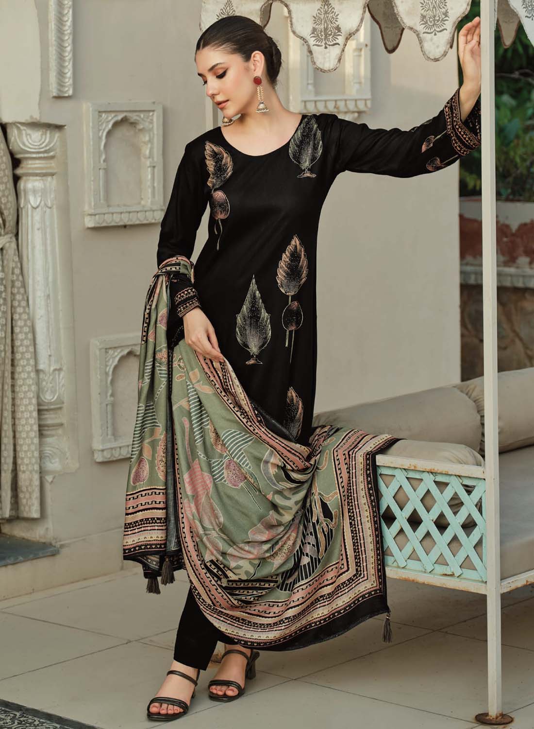 Black Pashmina Foil Print Unstitched Winter Suit Material with Embroidery