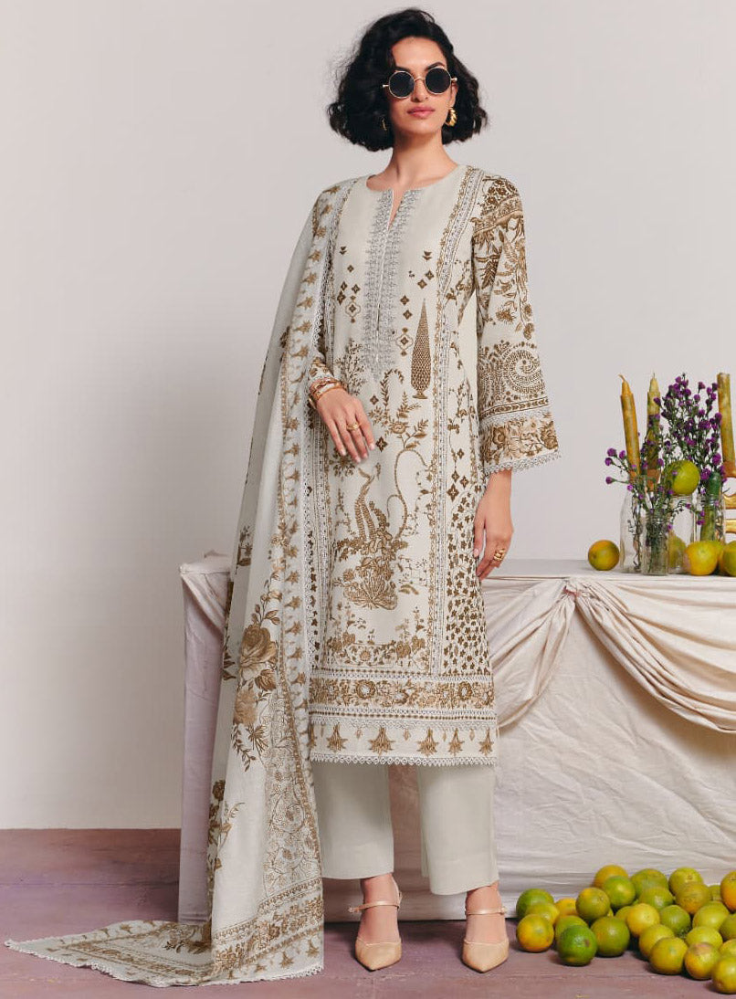 Designer Pure Cotton Grey Unstitched Suit Fabric for Women with Embroidery