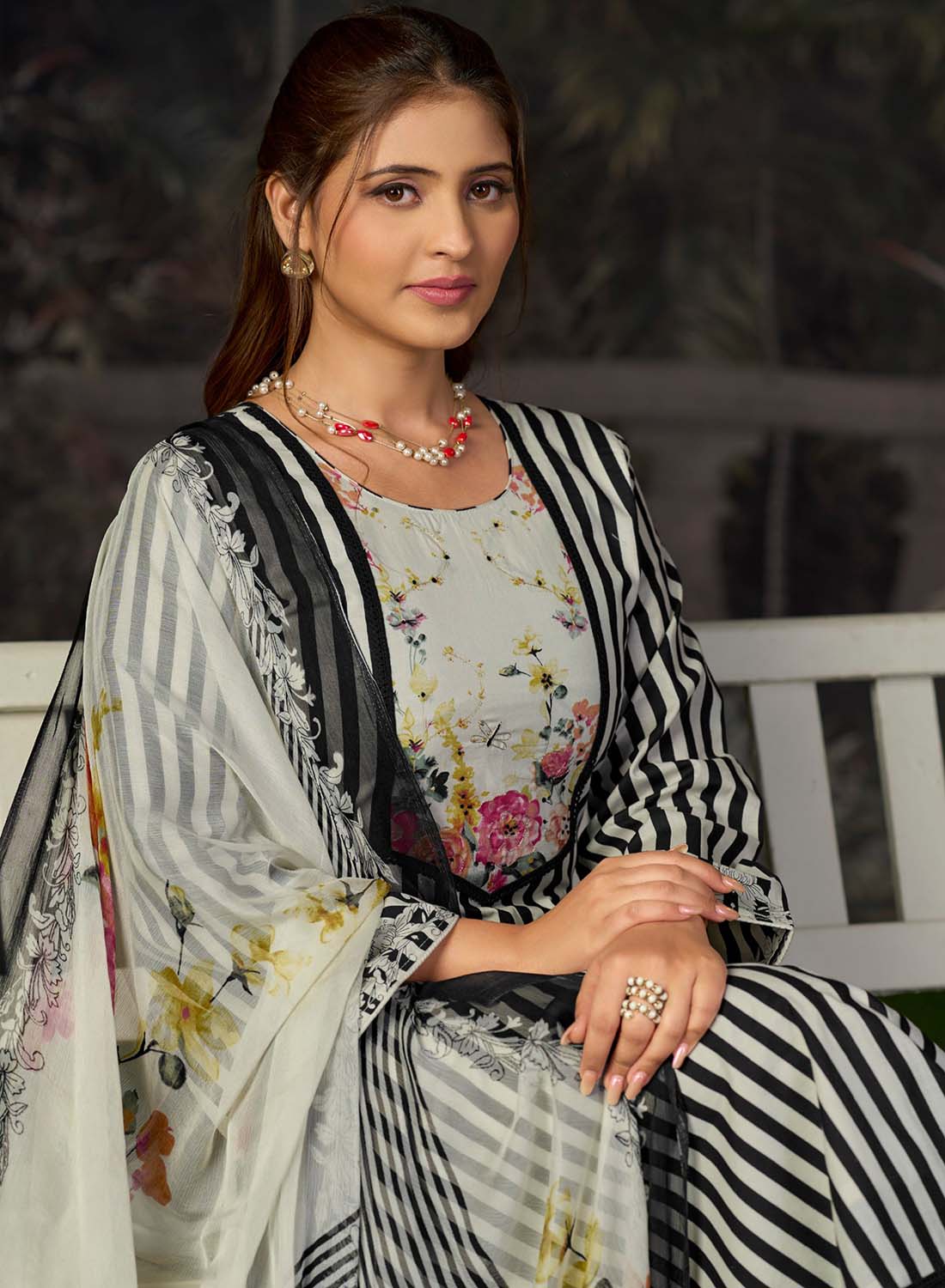 Pure Lawn Cotton Black Unstitched Salwar Suit Material with Chiffon Dupatta