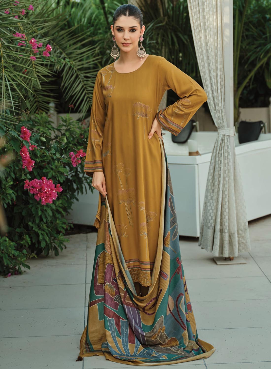 Mustard Pashmina Foil Print Unstitched Winter Suit Material with Embroidery