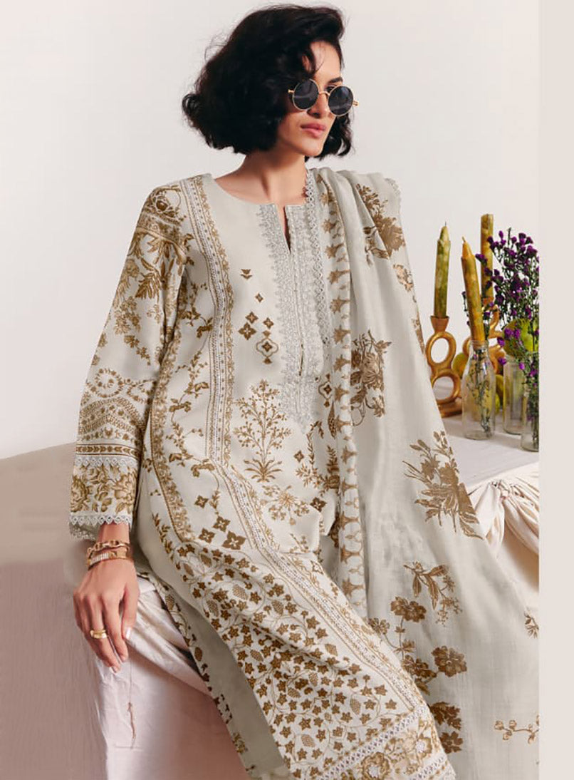 Designer Pure Cotton Grey Unstitched Suit Fabric for Women with Embroidery
