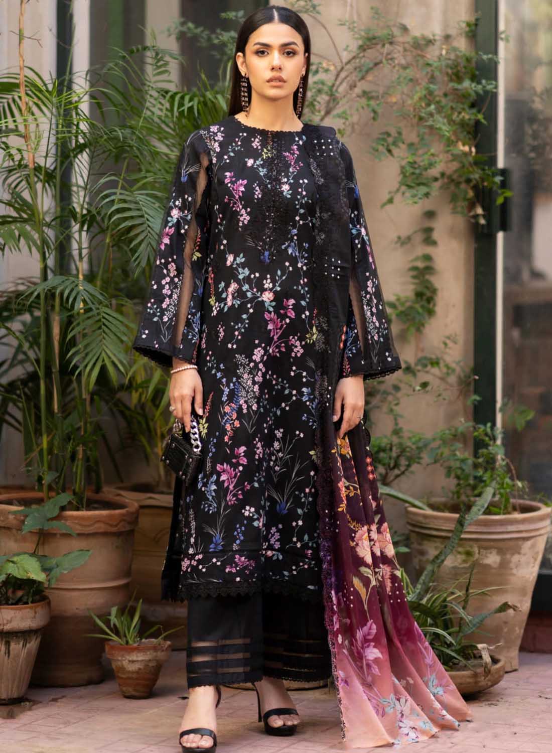 Gulljee Black Unstitched Pakistani Lawn Suit with Embroidery Stilento Gulljee Black Unstitched Pakistani Lawn Suit with Embroidery Stilento