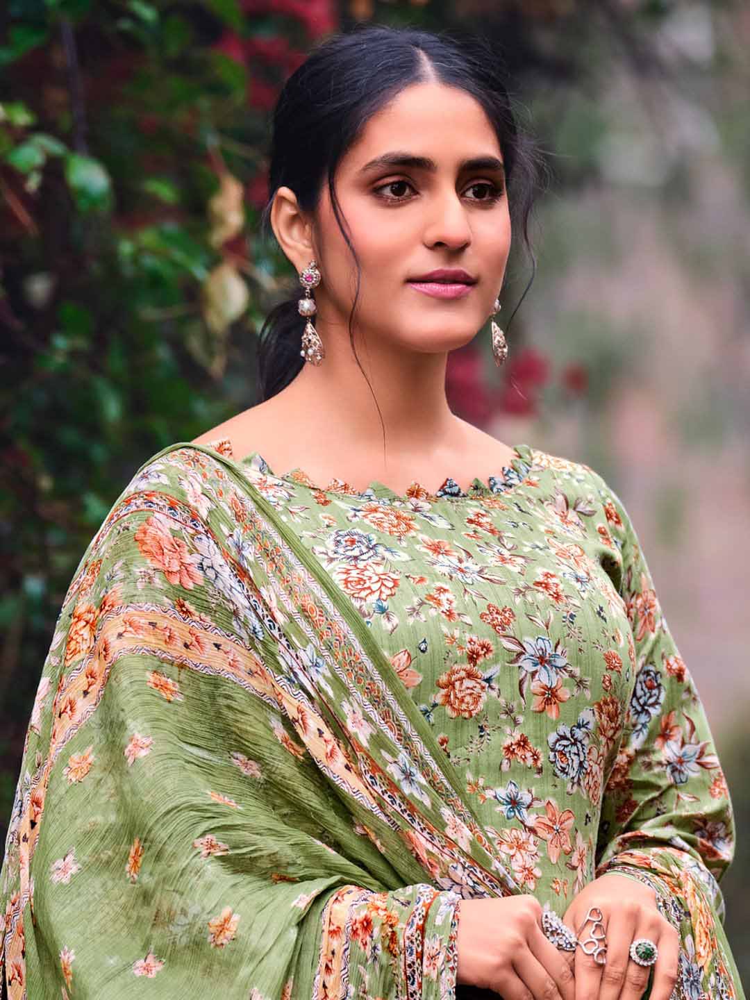 Unstitched Green Cotton Women Salwar Suit Material with Embroidery