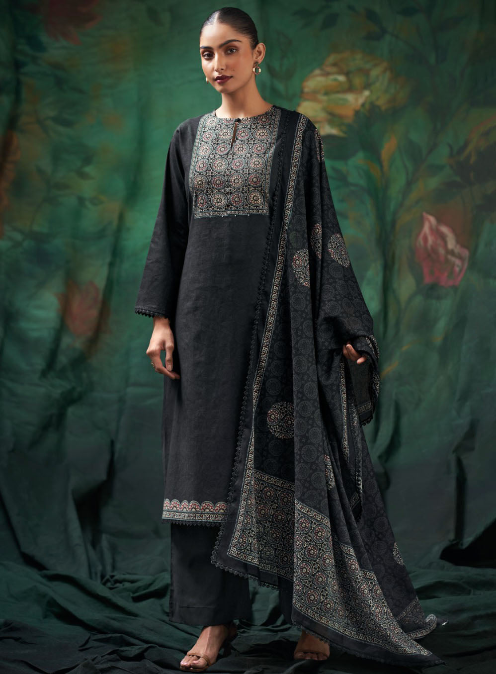 Ganga Unstitched Cotton Suit Dress Material for Women with Dupatta Black