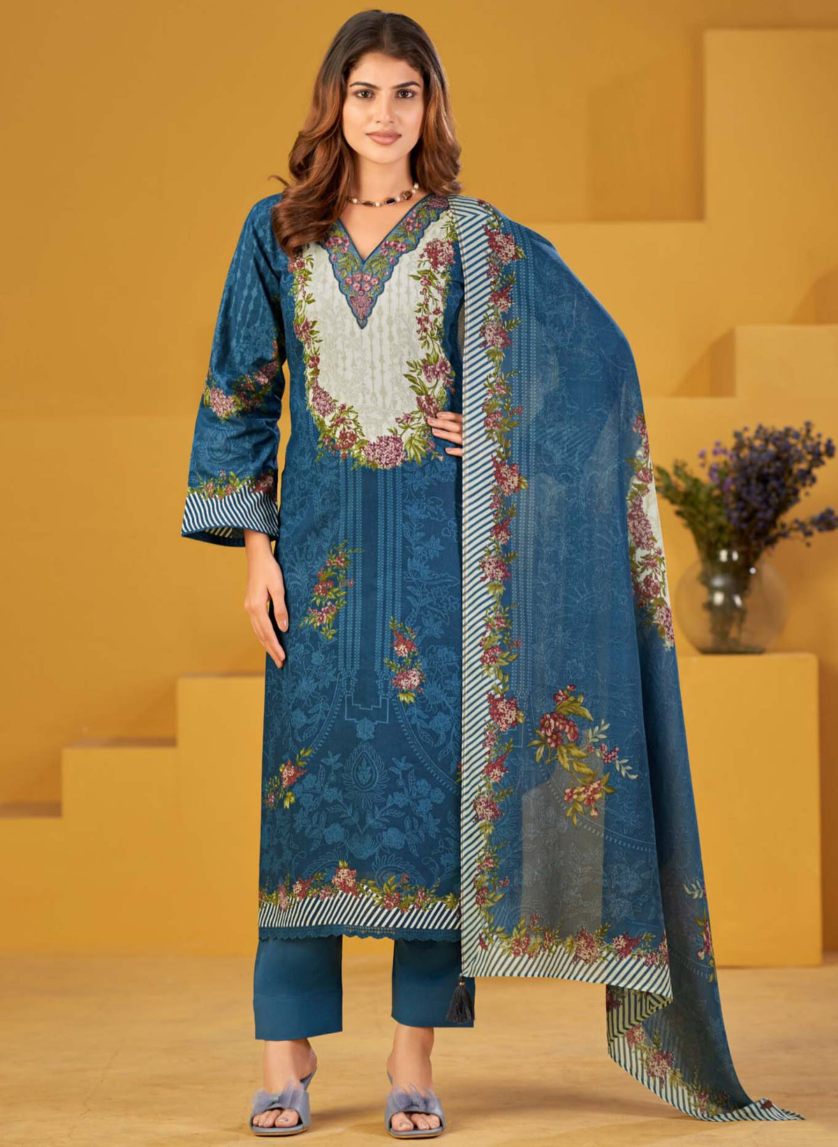 Pakistani Unstitched Cotton Suit Material for Women with Neck Embroidery
