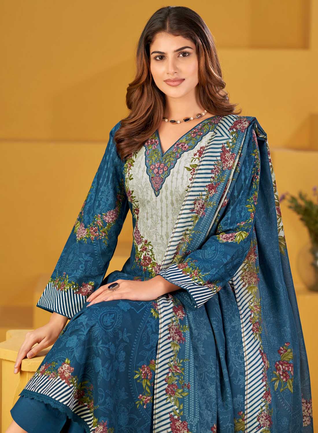 Pakistani Unstitched Cotton Suit Material for Women with Neck Embroidery