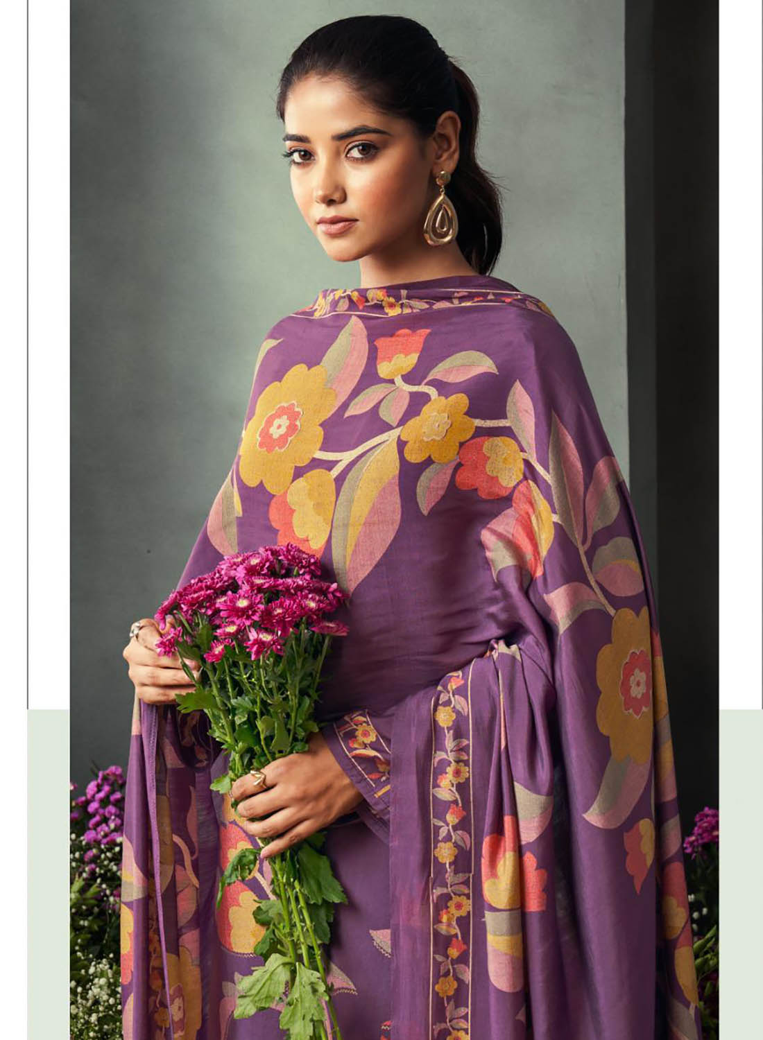 Purple Unstitched Pure Viscose Muslin Suit Dress Material with Embroidery
