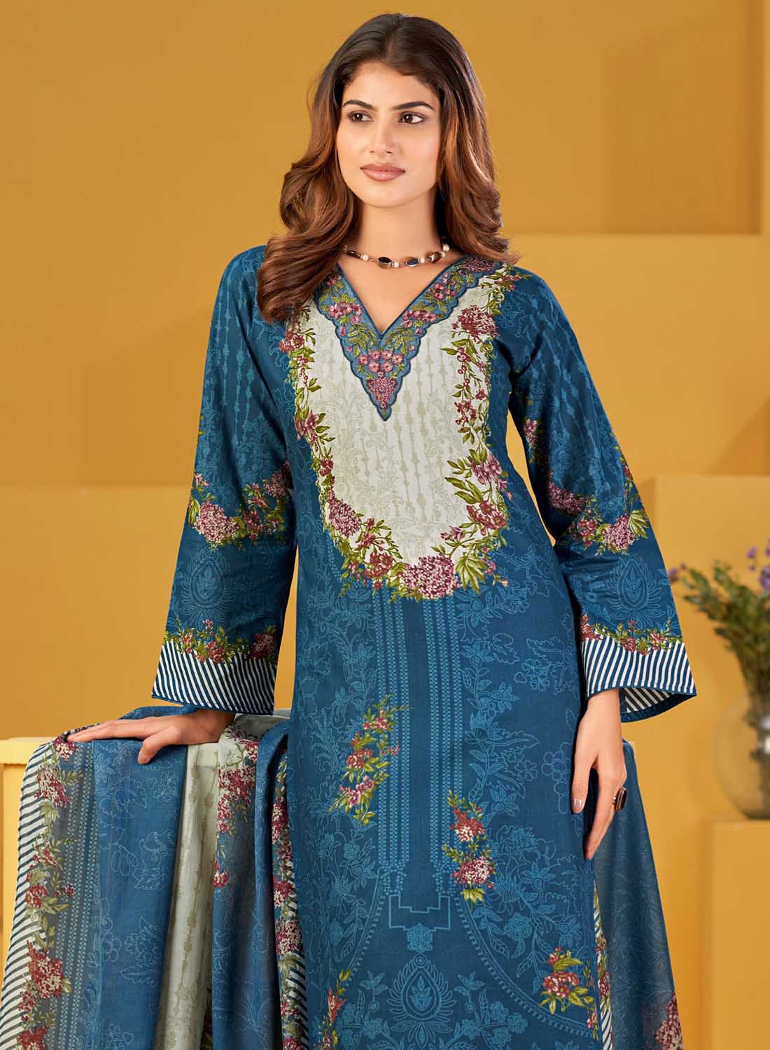 Pakistani Unstitched Cotton Suit Material for Women with Neck Embroidery