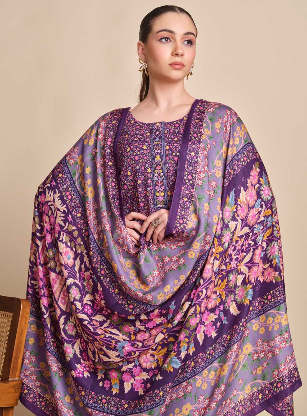 Ganga Unstitched Pashmina Winter Suit Material with Shawl Dupatta