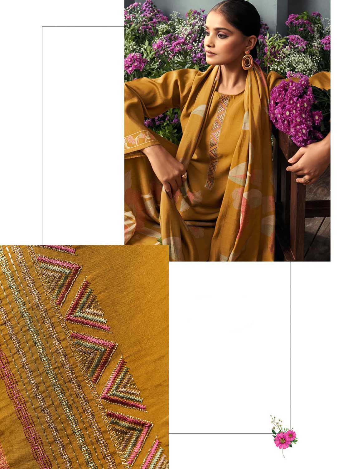 Fancy Mustard Unstitched Pure Muslin Suit Dress Material with Embroidery
