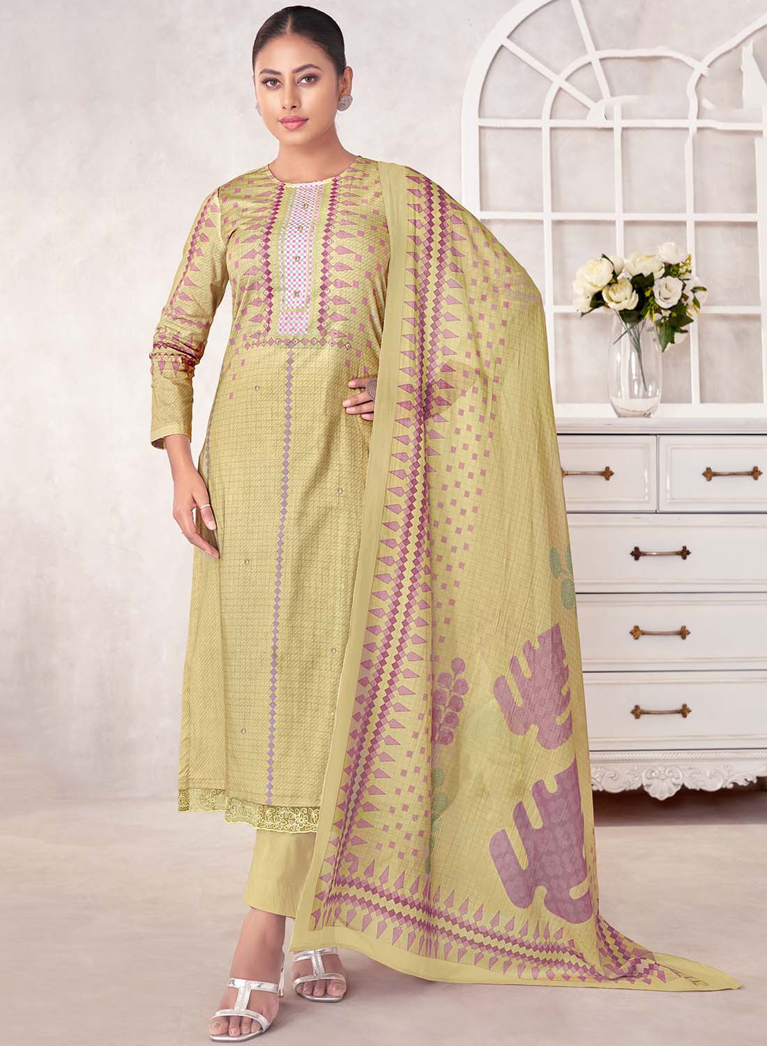 Pure Lawn Cotton Green Unstitched Salwar Suit Material for Women