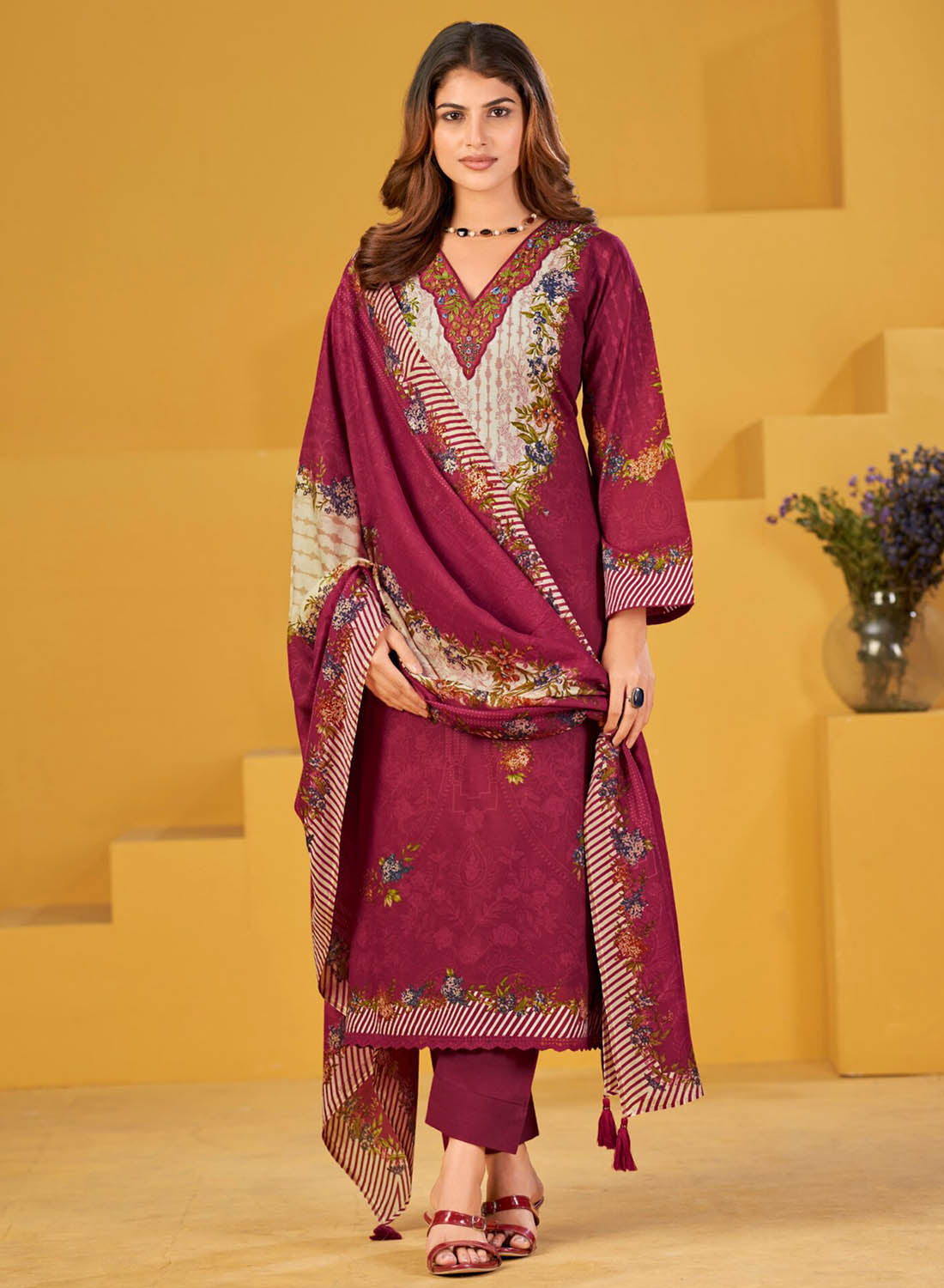 Pakistani Unstitched Suit Dress Material with Embroidered Neck for Women