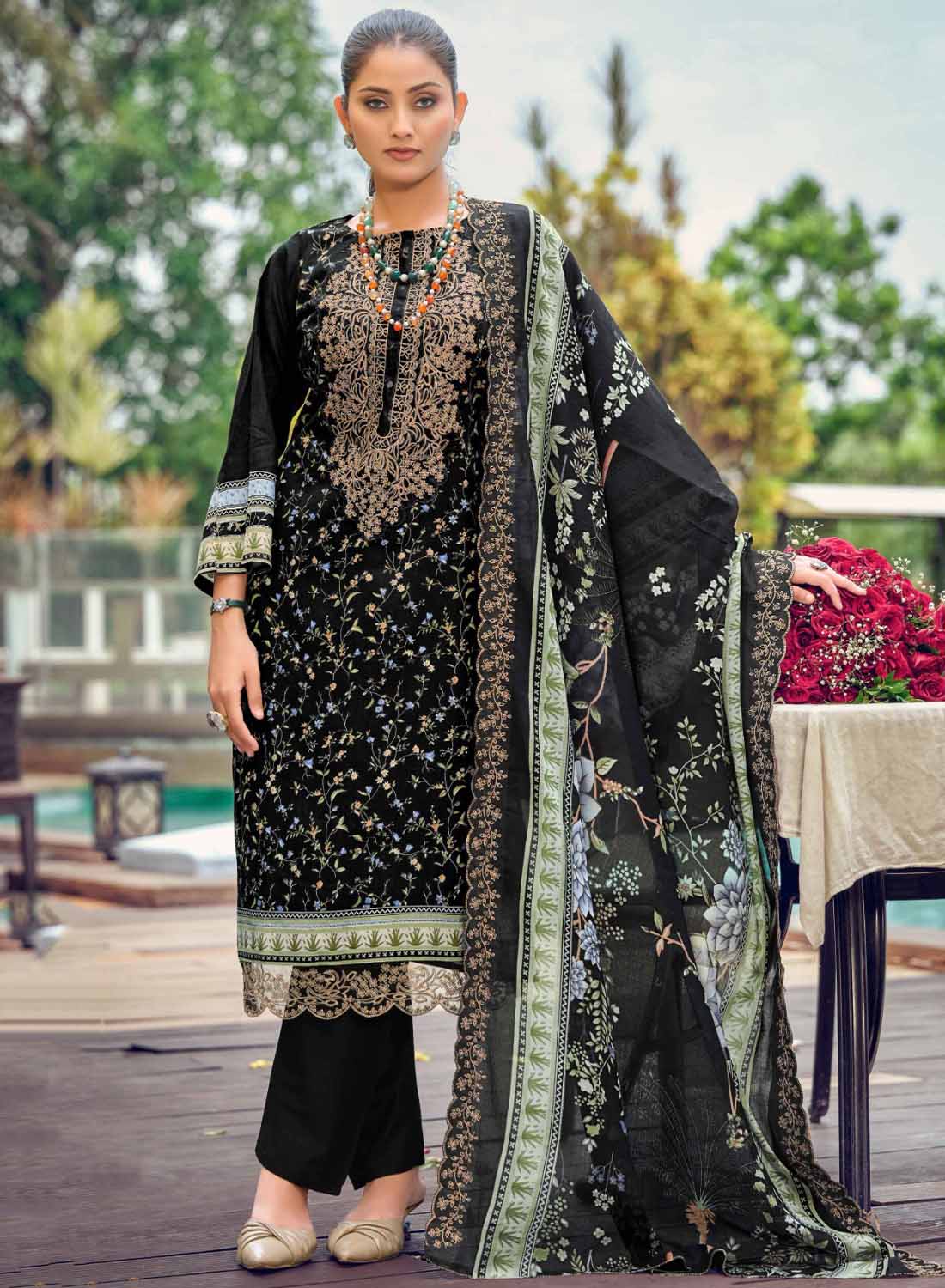 Black Unstitched Cotton Pakistani Suit Material with Cutwork Dupatta