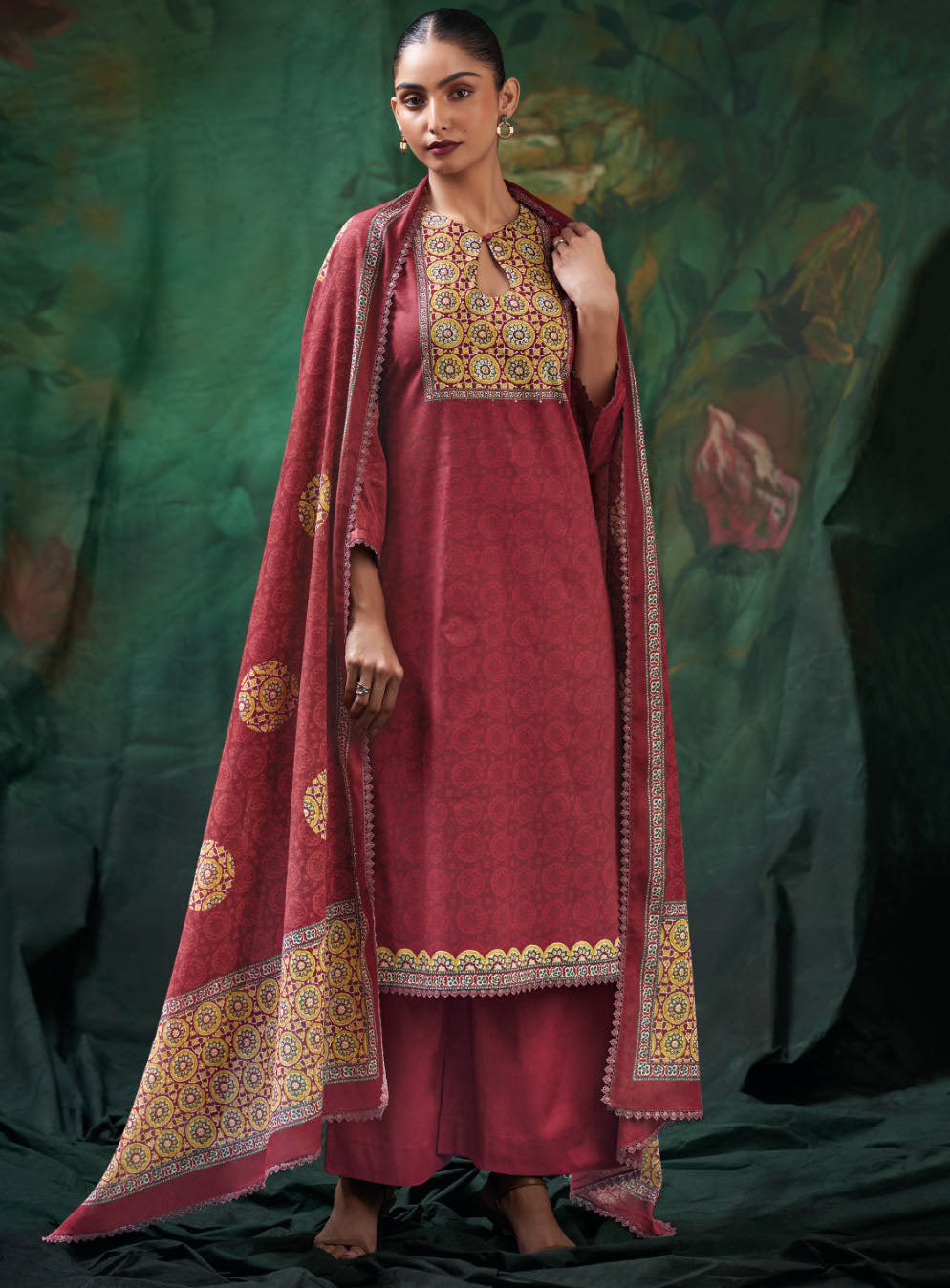 Ganga Unstitched Cotton Suit Dress Material for Women with Dupatta Red