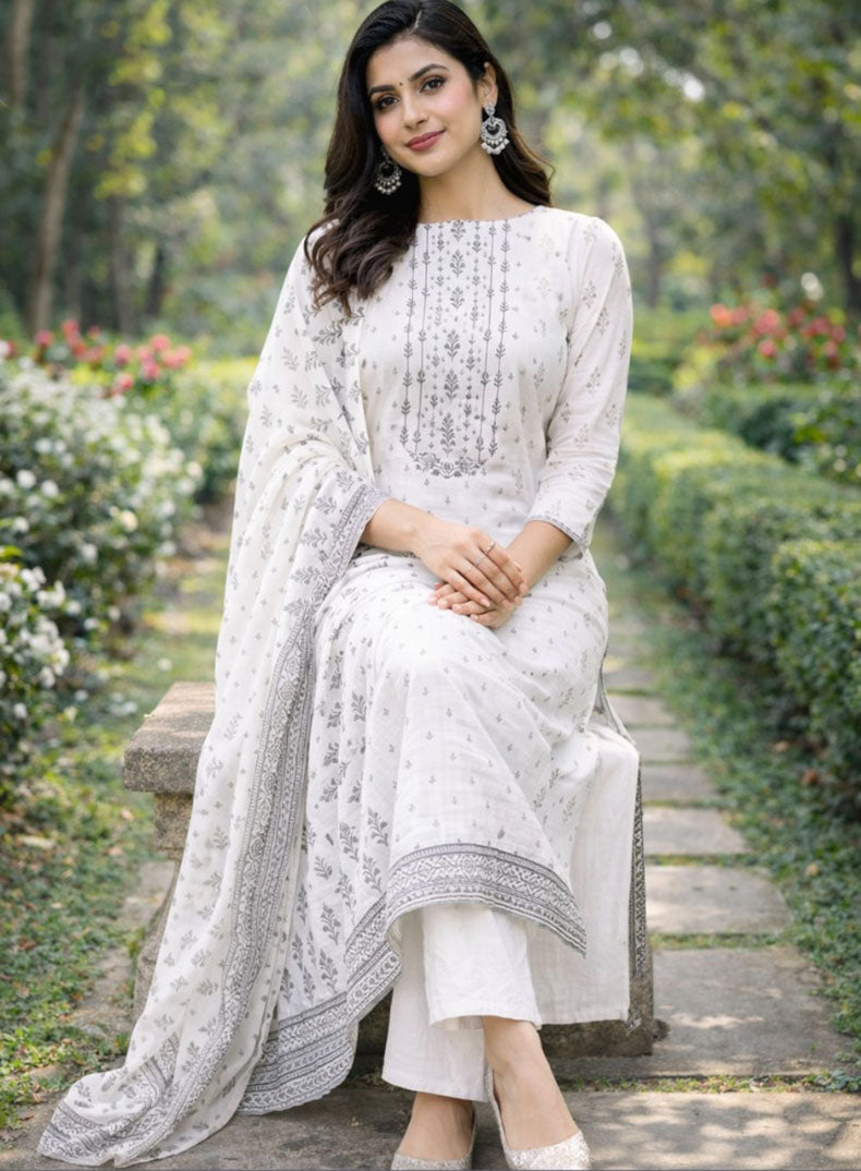 Daily Wear Off-White Pure Cotton Printed Unstitched Suit Material