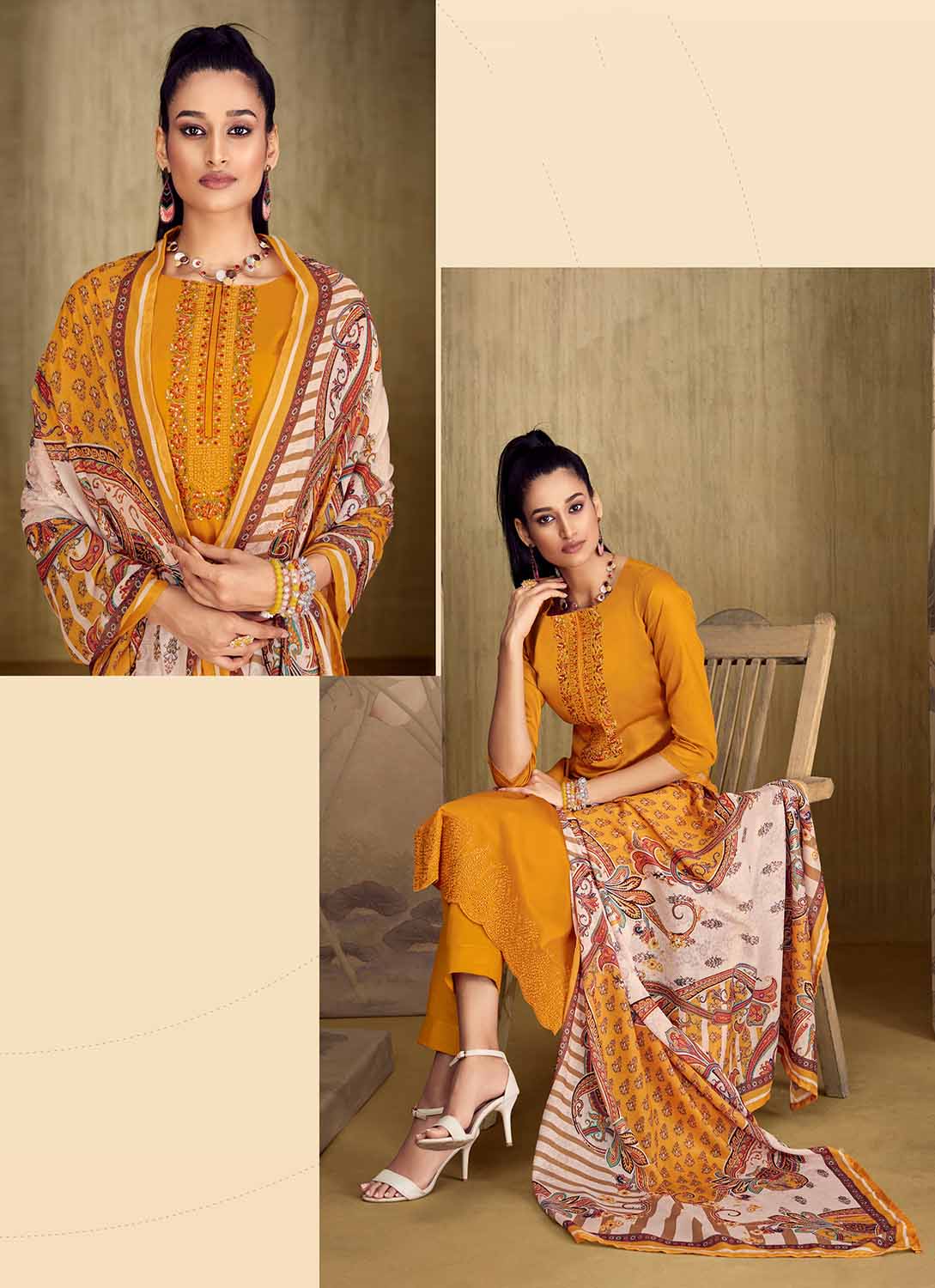 Belliza Women's Unstitched Yellow Cotton Suit Dress Material