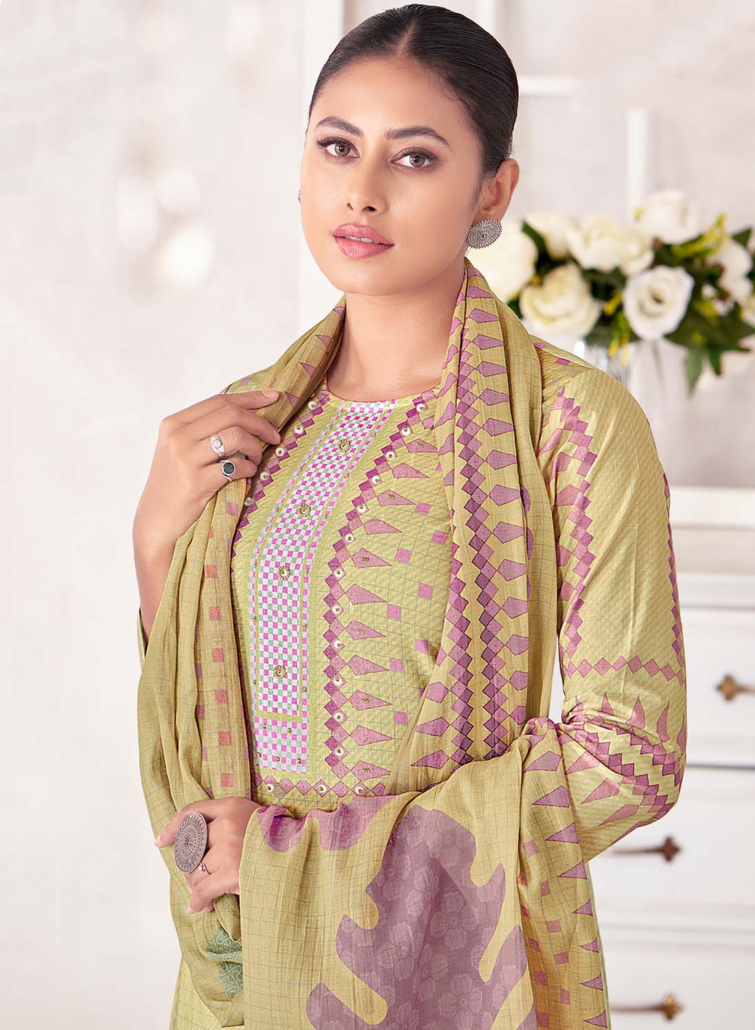 Pure Lawn Cotton Green Unstitched Salwar Suit Material for Women