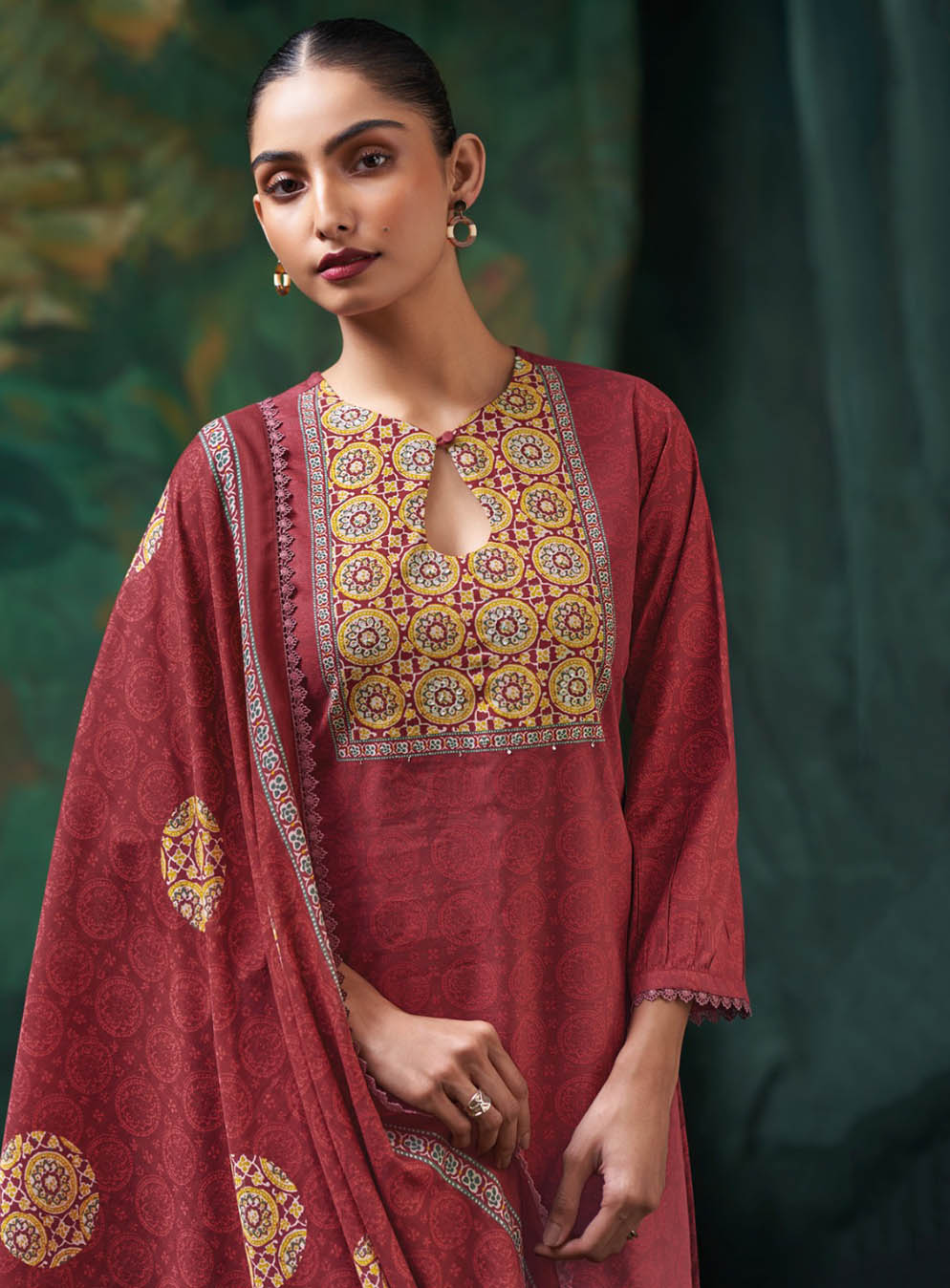 Ganga Unstitched Cotton Suit Dress Material for Women with Dupatta Red