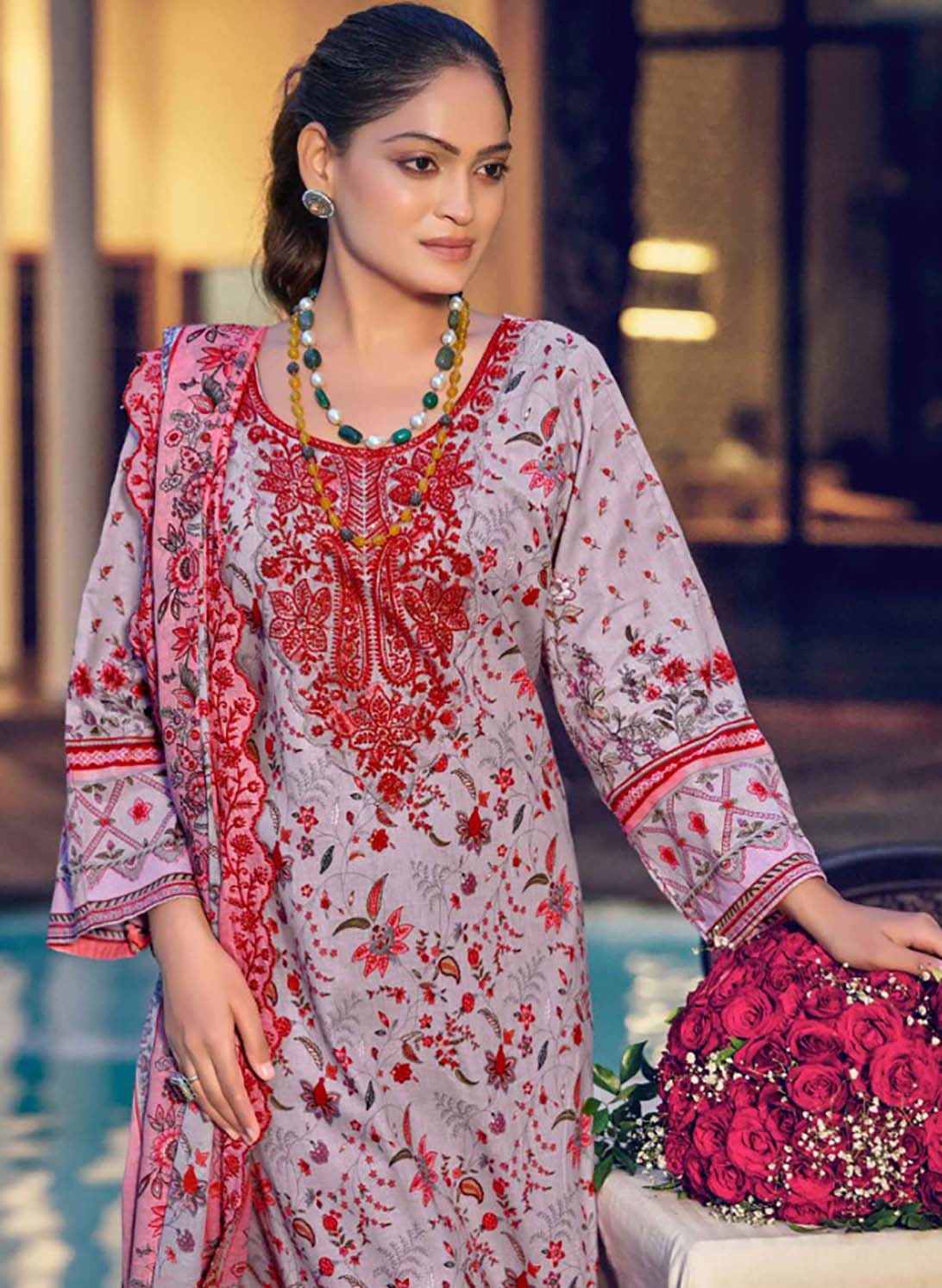 Purple Unstitched Cotton Pakistani Suit Material with Cutwork Dupatta