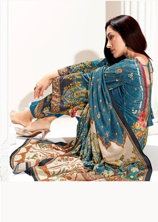 Yesfab Unstitched Teal Blue Printed Winter Velvet Suit Dress Material