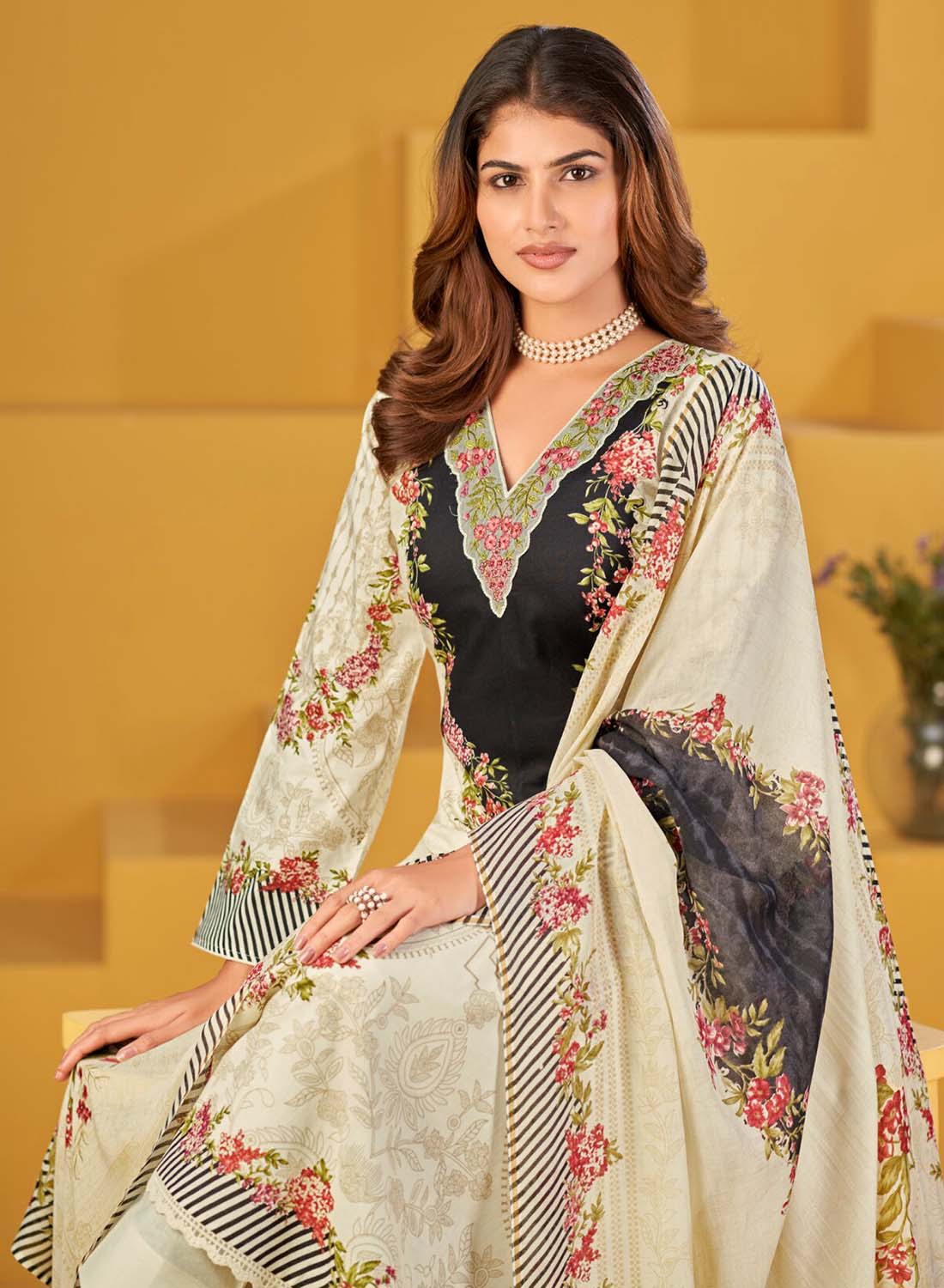 Pakistani Unstitched Suit Dress Material with Neck Embroidery