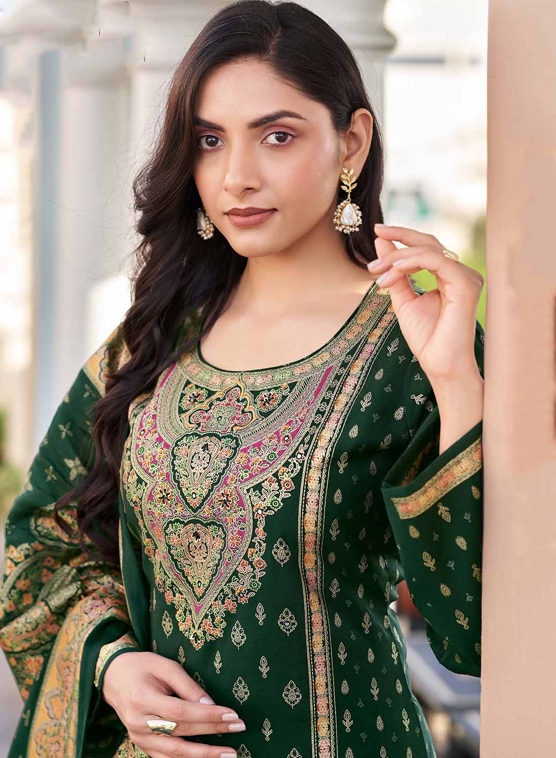 Green Pakistani Unstitched Muslin Salwar Suit Material with Gold Print for Women