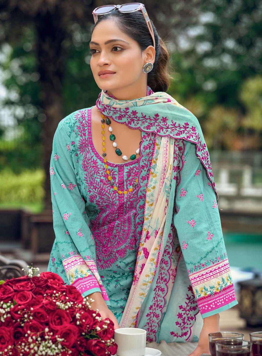 Unstitched Cotton Pakistani Suit Material with Embroidery Cutwork Dupatta
