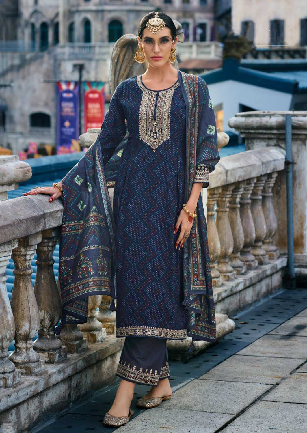 Party Wear Unstitched Muslin Salwar Suit with Fancy Work Blue