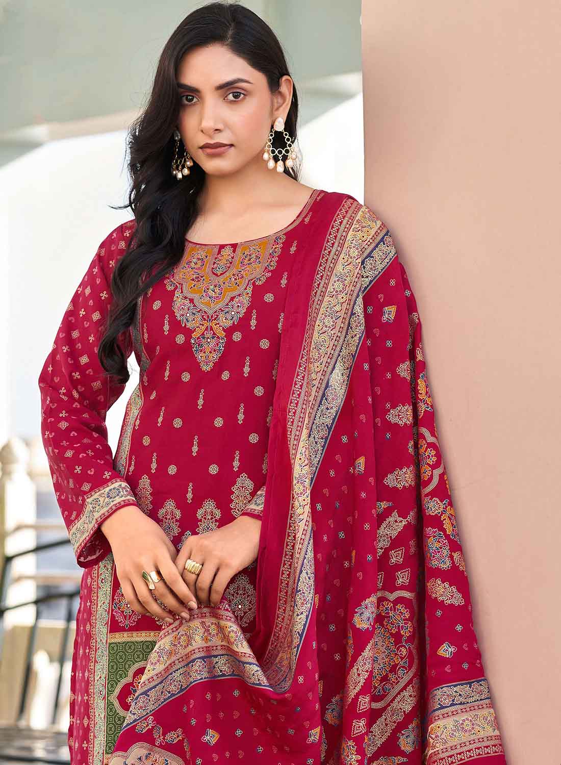 Red Pakistani Unstitched Muslin Salwar Suit Material with Gold Print for Women