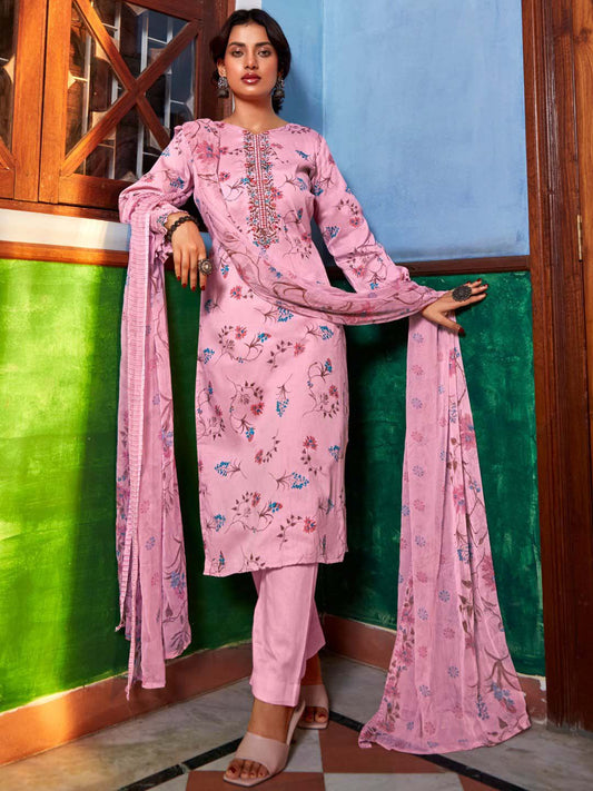 Zulfat Daily Wear Unstitched Cotton Suit Set Pink Zulfat