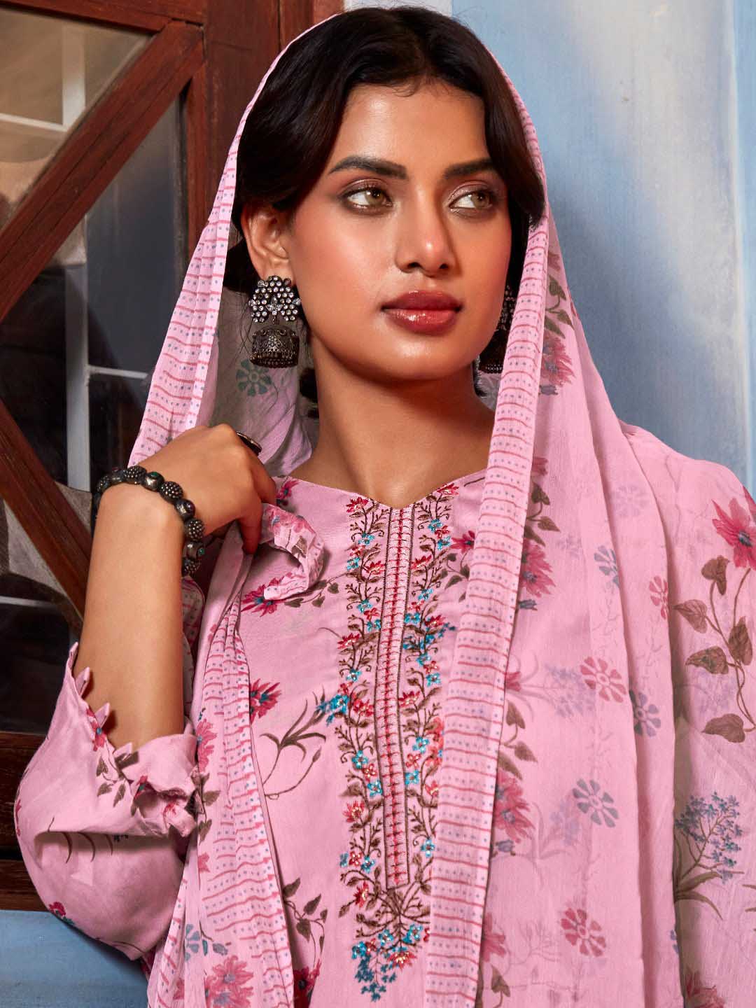 Zulfat Daily Wear Unstitched Cotton Suit Set Pink