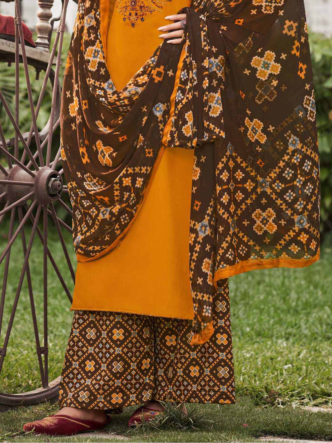 Unstitched Cotton Salwar Suit Yellow Dress Material with Embroidery