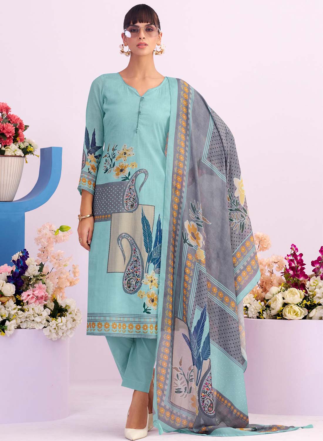 Pure Chanderi Cotton Unstitched Suit for Women with Dupatta