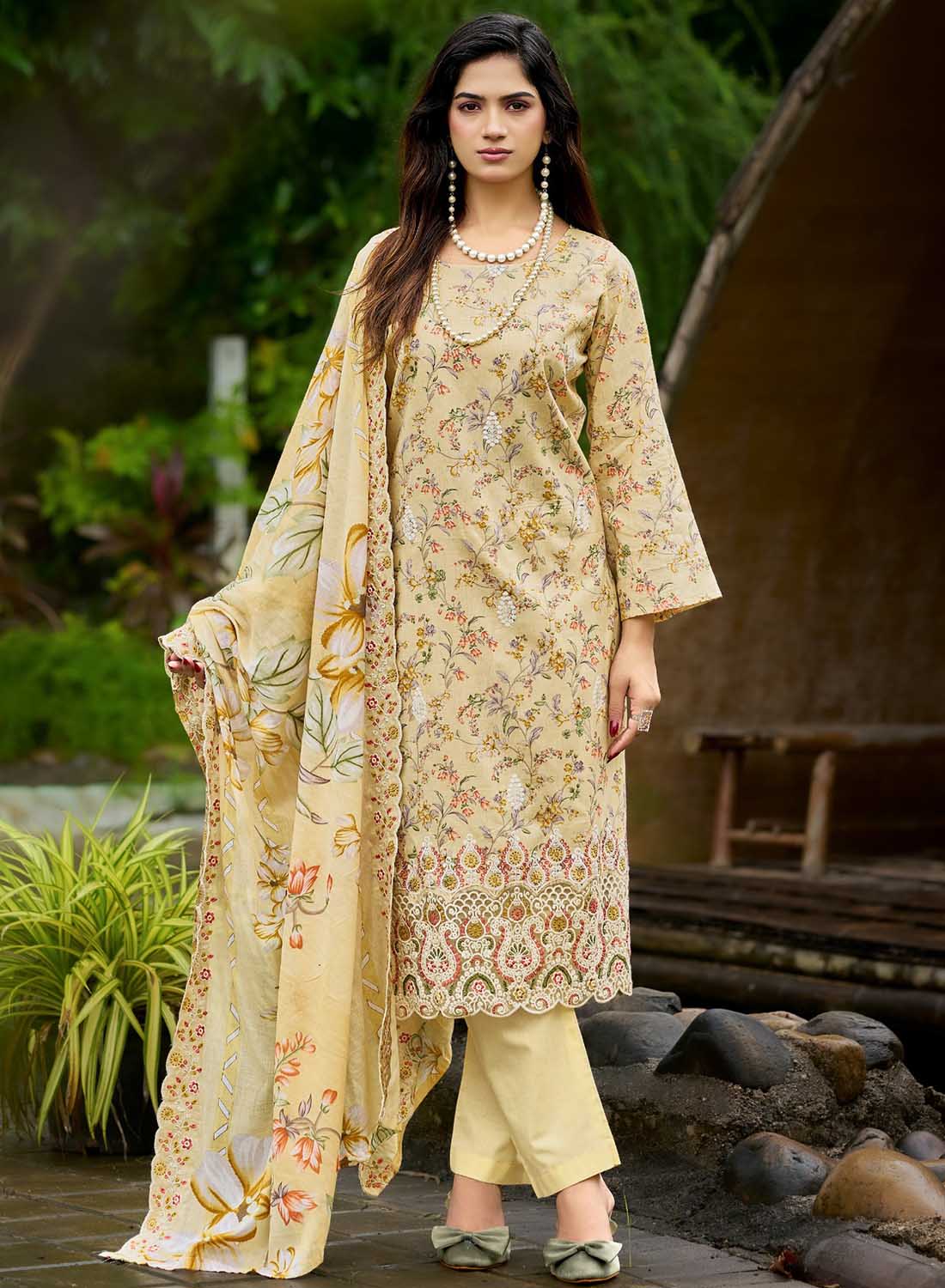 Pakistani Cotton Suit Dress Material for Women Unstitched with Embroidery Beige